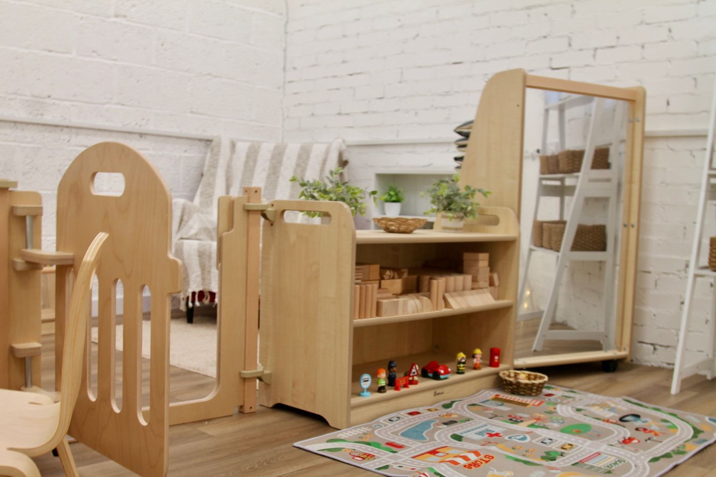 Natural wooden play furniture and block shelves